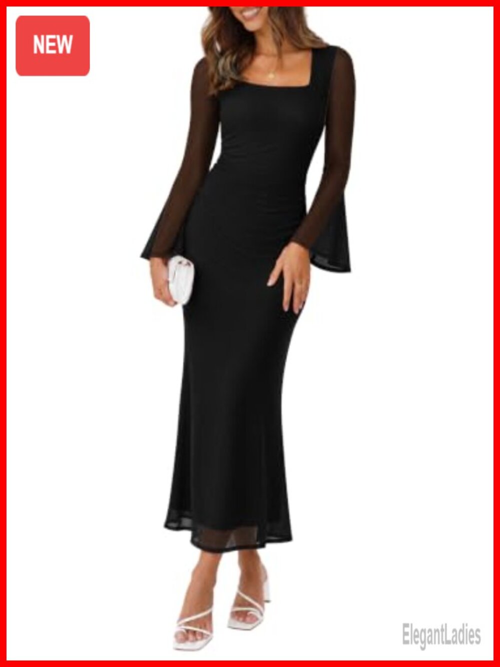 Bodycon Maxi Dress Long Sleeve Square Neck Sheer Mesh Formal Wedding Guest